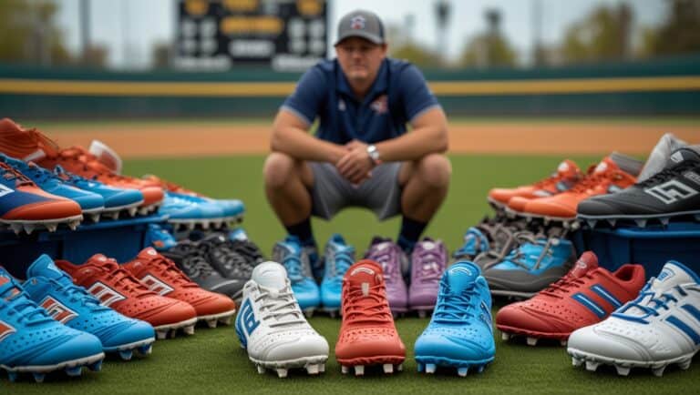 A clean, eye-catching product shot featuring three different softball cleats arranged in a triangular composition on a pristine white background. The main cleat is positioned in the foreground at a 45-degree angle, showing both its side profile and the bottom cleat pattern. It's a high-end model with modern design elements and bright accent colors. To its left and right in the background are two slightly blurred cleats in different styles - one a traditional low-top and one a more supportive mid-cut design. The lighting is bright and even, creating crisp shadows that highlight the textures of the materials, from the breathable mesh upper to the molded cleats underneath. Small water droplets on the main cleat suggest durability and weather resistance, while the pristine condition of all three shoes emphasizes their quality and craftsmanship. The composition leaves space at the top for potential headline text while keeping the focus on the key features that players consider when choosing cleats. Choosing Softball Cleats
