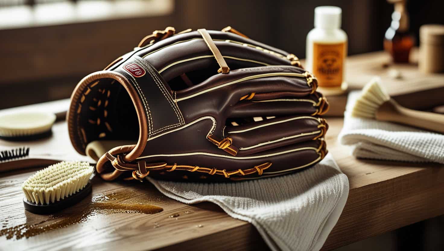 A highly detailed and lifelike photograph of a well-worn, dark brown baseball glove being meticulously cleaned and maintained on a wooden workbench, with a soft, creamy light illuminating the rich textures of the glove's leather, highlighting the intricate stitching and worn creases, surrounded by various cleaning supplies such as a soft-bristled brush, a small bottle of leather conditioner, and a crisp white cloth, with a blurred background that subtly suggests a nostalgic, vintage atmosphere, evoking a sense of tradition and heritage. Clean and maintain slow pitch softball glove