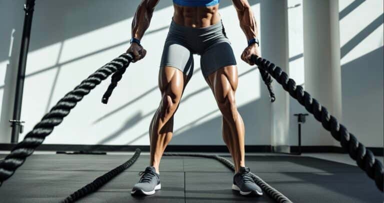 An athletic figure stands in an athletic stance - feet shoulder-width apart, knees slightly bent, core engaged - grasping the ends of two thick black battle ropes that extend 40 feet in front of them. The athlete wears fitted gray compression shorts and a blue moisture-wicking tank top that reveals slim toned arms. Sweat glistens on their forearms and shoulders under the gym's overhead lighting. Their body is in dynamic motion, creating alternating waves with the ropes - one rope rises while the other falls in a fluid, powerful motion. The ropes form perfect undulating waves, capturing the peak of the exercise movement. The athlete's muscles are visibly engaged, particularly in their shoulders, arms, and core. Their expression shows intense focus and controlled exertion - jaw set, eyes forward, brow slightly furrowed. The exercise takes place in a modern gym setting with rubber flooring. The ropes are anchored to a sturdy metal attachment point on the wall. Natural light streams in from high windows, creating dramatic shadows that emphasize the rope waves and the athlete's slim toned definition. Cross-training for softball