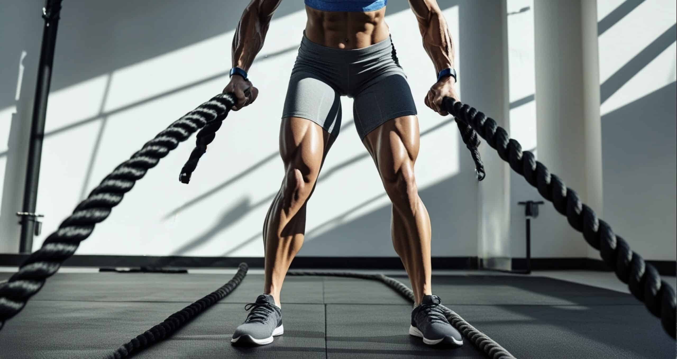 An athletic figure stands in an athletic stance - feet shoulder-width apart, knees slightly bent, core engaged - grasping the ends of two thick black battle ropes that extend 40 feet in front of them. The athlete wears fitted gray compression shorts and a blue moisture-wicking tank top that reveals slim toned arms. Sweat glistens on their forearms and shoulders under the gym's overhead lighting. Their body is in dynamic motion, creating alternating waves with the ropes - one rope rises while the other falls in a fluid, powerful motion. The ropes form perfect undulating waves, capturing the peak of the exercise movement. The athlete's muscles are visibly engaged, particularly in their shoulders, arms, and core. Their expression shows intense focus and controlled exertion - jaw set, eyes forward, brow slightly furrowed. The exercise takes place in a modern gym setting with rubber flooring. The ropes are anchored to a sturdy metal attachment point on the wall. Natural light streams in from high windows, creating dramatic shadows that emphasize the rope waves and the athlete's slim toned definition. Cross-training for softball