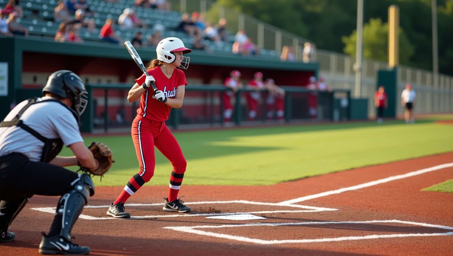 A realistic home plate is showing where a batter stands next to it in a ready position facing the pitcher and the incoming pitch – knees slightly bent, bat held high, body coiled with potential energy. She wears a contrasting red and white uniform, with a batting helmet featuring a protective face mask. Her eyes focus intently on the approaching ball, muscles tensed in anticipation. Between them, the dirt infield is meticulously groomed with the white chalk lines of the batter's box clearly visible. The catcher crouches behind home plate in protective gear, mitt extended toward the pitcher. The background reveals a typical softball field scene – the green outfield grass stretching beyond the infield dirt, dugouts visible along the baselines, and spectators watching from bleachers. The late afternoon sunlight casts long shadows across the field, adding dramatic contrast to the scene while highlight. Make sure the batter is standing next to home plate like in real life and facing the pitcher. Slow Pitch Softball Strike Zone