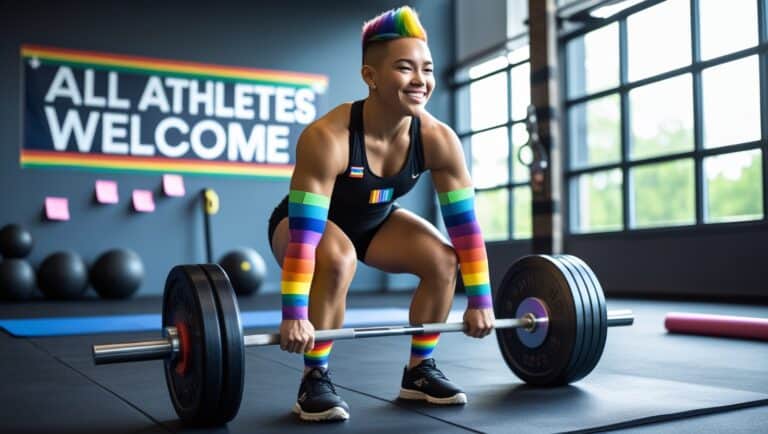 An athlete trains with intense focus in a modern gym space filled with natural light from floor-to-ceiling windows. They wear rainbow-striped compression sleeves, black athletic shorts, and a tank top with a small pride flag pin on the strap. Their hair is styled in a colorful undercut, and they sport bright athletic tape on their wrists for support. The scene captures a comprehensive training session: in the foreground, they're performing a perfect deadlift with impeccable form - back straight, core engaged, hands gripped firmly on a loaded barbell. Around them, the space tells the story of a complete workout: a resistance band hangs from a pull-up bar, a yoga mat is rolled out nearby with a foam roller, and a tablet displays their workout plan propped against a water bottle. The gym's wall features an inclusive "All Athletes Welcome" sign with a rainbow accent. The athlete's expression shows determination and joy - a slight smile of satisfaction as they focus on their form. Post-it notes on their training log visible in the background show progressive weight increases and encouraging self-reminders. The lighting emphasizes their strong, athletic build and the professional, welcoming atmosphere of the training space. LGBTQIA Softball Off-Season Training.