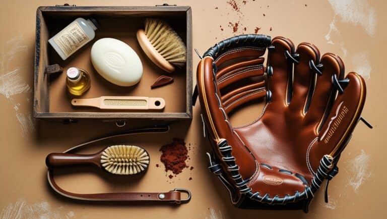 A vintage-style, rectangular wooden box with a hinged lid, worn from use, sits against a distressed, warm beige background, filled with an assortment of slow pitch softball glove care tools and products, including a soft, white, oval-shaped glove cleaning soap, a wooden-bristled brush with a smooth, dark wood handle, a small, clear glass bottle with a rounded label and a cork stopper, containing a gentle, lubricating oil, and a flat, wide, leather strap with a silver-toned buckle, arranged artfully to showcase each item, with the glove itself, a supple, dark brown leather softball mitt with a golden-tanned palm, lying open and empty, awaiting its next use, surrounded by a few scattered, dried, red clay soil particles, evoking the nostalgia of a summers' evening game. slow pitch softball glove care kit