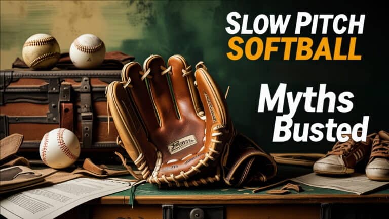 A worn, vintage-style slow pitch softball glove with 5 fingers, rich brown leather tone and subtle scuffs, rests on a rustic wooden table or vintage equipment trunk, surrounded by aged baseballs, worn cleats, and a few scattered softball rulebooks or myth-busting pamphlets with bold, eye-catching headlines, against a warm, earthy background with hints of green and beige, evoking a nostalgic feel, while in the top-left or top-right corner, a bold, modern sans-serif font with a distressed texture displays the eye-catching title "Slow Pitch Softball Glove Myths Busted" in a vibrant, contrasting color, grabbing the viewer's attention and inviting them to bust the myths and uncover the truth. Slow Pitch Softball Glove Myths