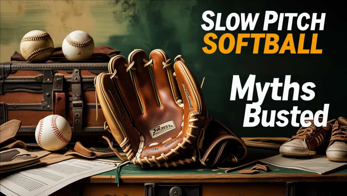 A worn, vintage-style slow pitch softball glove with 5 fingers, rich brown leather tone and subtle scuffs, rests on a rustic wooden table or vintage equipment trunk, surrounded by aged baseballs, worn cleats, and a few scattered softball rulebooks or myth-busting pamphlets with bold, eye-catching headlines, against a warm, earthy background with hints of green and beige, evoking a nostalgic feel, while in the top-left or top-right corner, a bold, modern sans-serif font with a distressed texture displays the eye-catching title "Slow Pitch Softball Glove Myths Busted" in a vibrant, contrasting color, grabbing the viewer's attention and inviting them to bust the myths and uncover the truth. Slow Pitch Softball Glove Myths
