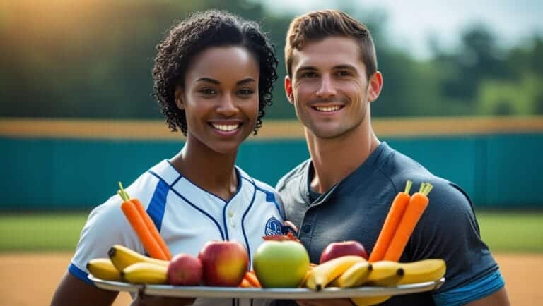 A vibrant and well-lit professional photograph showcasing two softball players, a man and a woman, with diverse body types and skin tones, standing side by side in a natural outdoor setting, perhaps on a lush green softball field or a track, surrounded by healthy snacks and fruits, such as apples, bananas, and carrot sticks, with the woman having a fit and toned physique, dark brown skin, and short curly black hair, wearing a white softball jersey and holding a softball bat, and the man having a athletic build, light brown skin, and short straight brown hair, wearing a gray softball jersey, both smiling brightly and confidently, with a mix of warm golden and cool blue tones, and a shallow depth of field to emphasize the subjects, against a blurred background with subtle hints of green and blue, capturing the essence of healthy nutrition and wellness. Slow Pitch Softball Nutrition Tips