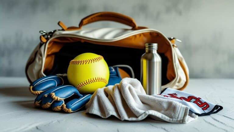 A warmly lit, shallow-depth-of-field photograph of a softball bag's contents, artfully arranged to showcase the must-have essentials, against a clean, light-gray background, with a subtle texture resembling a grassy field, evoking a sense of being on the outskirts of a ballpark. The bag's interior is spilled out, revealing a vibrant, freshly cleaned softball, a pair of worn-in batting gloves with slight fading on the palms, a silver and black metal water bottle, a crumpled up softball-themed towel, and a small, weathered first-aid kit. The realistic 5 fingered softball glove and towel are positioned to create a sense of movement, as if they've been hastily grabbed and tossed aside. The softball's bright, bold seams and the reflective surface of the water bottle catch the soft, golden light, drawing the viewer's eye to the center of the frame. The overall aesthetic is one of nostalgia and athletic enthusiasm, capturing the excitement and anticipation of a day at the ballpark. Softball bag essentials.