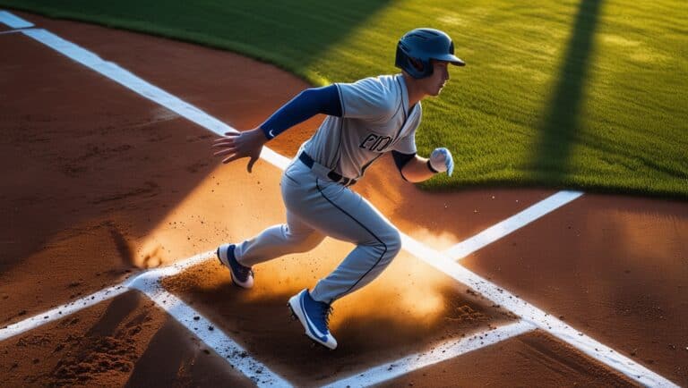 A baseball player demonstrates perfect form while rounding third base at full sprint, captured in late afternoon sunlight that casts dramatic shadows across the infield dirt. The player's body is angled at roughly 45 degrees toward home plate, leaning into the turn. Their cleats dig into the reddish-brown infield dirt, creating small dust clouds with each powerful stride. The player's inside foot (left foot) hits the inside corner of third base, while their arms pump in textbook running form - right arm forward, left arm back, elbows bent at 90 degrees. Their head is turned slightly to the right, eyes focused on home plate while maintaining proper running mechanics. Their uniform - a traditional baseball jersey and pants - shows signs of game intensity with some dirt on the front from earlier plays. The base path is clearly visible with white chalk lines, and the third base coach is positioned in the background, arm extended in a windmill motion signaling to continue home. The green outfield grass contrasts sharply with the infield dirt, and the white foul line extends crisply toward home plate, guiding the runner's path. The player's body position shows explosive speed and control - shoulders level, chest forward, back straight but slightly leaned forward for optimal acceleration. Their face displays intense focus and determination as they make the crucial turn toward home plate. Softball Base Running Strategies