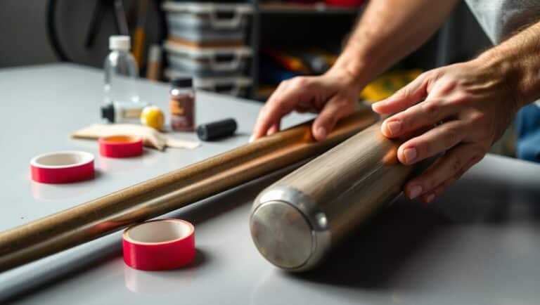 A well-lit, close-up shot of experienced hands carefully working on a premium metal softball bat laid across a clean workbench. The bat is positioned diagonally across the frame, with various maintenance tools neatly arranged nearby - including grip tape, cleaning solutions, and a microfiber cloth. The lighting highlights the bat's surface texture and shows subtle wear patterns that indicate regular use. A partial roll of fresh grip tape is unfurled nearby, suggesting imminent replacement work. The background is softly blurred but shows organized storage for other softball equipment, creating a workshop atmosphere. The composition emphasizes the hands' deliberate, skilled movements and the attention to detail required for proper bat maintenance, with the bat's barrel surface catching just enough light to show its clean, well-maintained finish. Softball Bat Maintenance