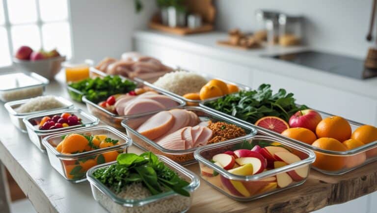 A sleek and modern professional photograph of a weekly meal prepping concept, featuring a neatly organized array of healthy ingredients, including succulent cooked chicken breasts, sliced turkey, ham, white rice, brown rice, and a vibrant medley of colorful fruits and vegetables, such as crisp apples, juicy oranges, and leafy greens, all stored in clear glass containers with a stainless steel or wooden lid, arranged artfully on a clean, rustic wooden table or a minimalist white countertop, with a shallow depth of field to highlight the freshness and quality of the food, captured in a bright and airy kitchen with a soft, natural light pouring in from the surrounding environment, and a subtle shallow focus on the containers to draw attention to the meal prep concept. Softball meal planning.