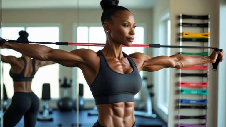 A fit and focused woman of color, with a subtle smile and bright, determined eyes, standing in a well-lit, modern home gym, surrounded by mirrored walls and sleek, silver equipment, performs a series of resistance band exercises, with the bands stretched across their arms, legs, and torso, showcasing a variety of poses, such as bicep curls, tricep extensions, and chest presses, with deep, vibrant colors and soft, natural lighting that accentuates the subject's toned physique, and in the background, a selection of resistance bands in various colors and resistance levels are neatly organized on a wall-mounted rack. Softball resistance band training.