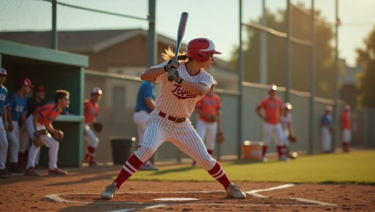 A low-angle shot capturing a male softball player from a front-diagonal perspective, creating a heroic and powerful composition. The batter is in the loading phase of his swing, with his body coiled like a spring - back elbow up, hands back, front foot slightly lifted as he begins his stride. He's wearing a classic softball uniform that's crisp and clean, with eye black under his eyes adding intensity to his focused expression. The late afternoon sun creates dramatic lighting, casting a partial shadow across the infield while highlighting the player's muscular form. His grip on the bat is textbook perfect, and you can see the tension in his forearms as he prepares to unleash his swing. The chain-link dugout fence and some teammates provide a softly blurred background, with their team colors adding subtle depth to the composition. Softball Swing Mechanics