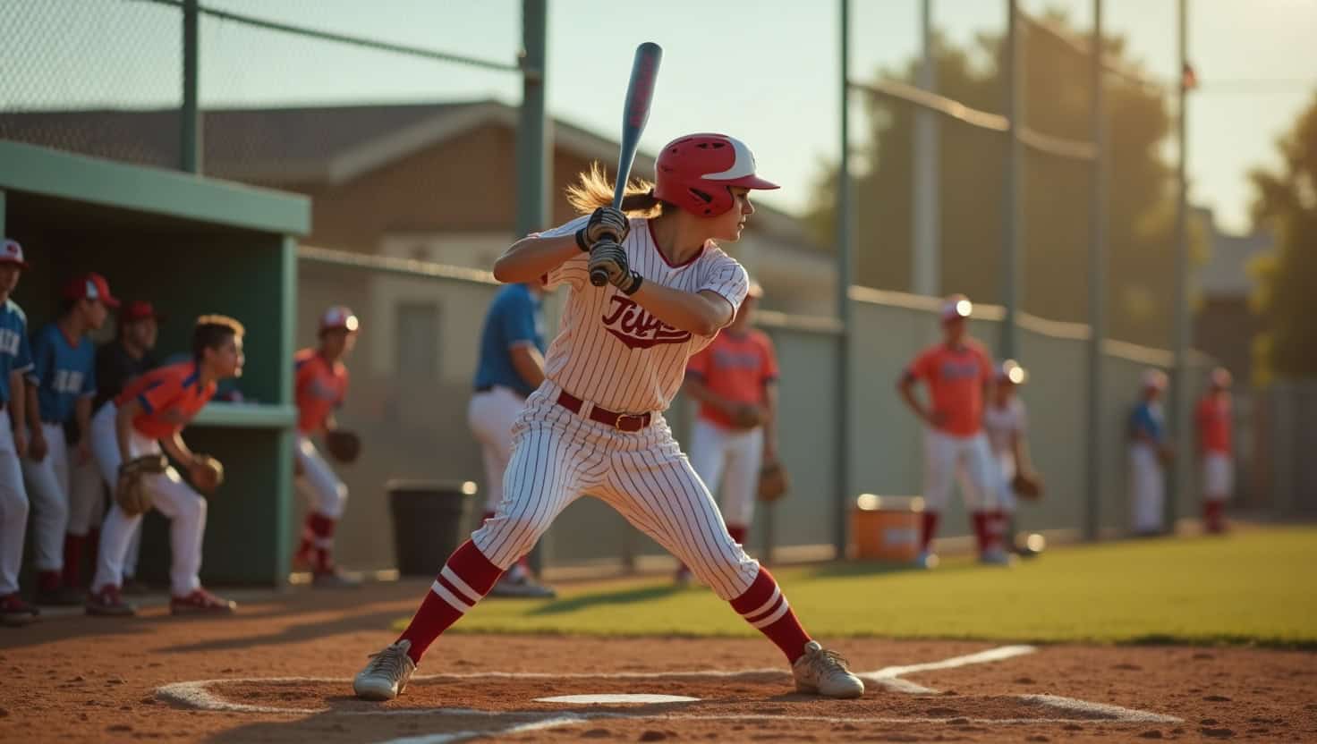 A low-angle shot capturing a male softball player from a front-diagonal perspective, creating a heroic and powerful composition. The batter is in the loading phase of his swing, with his body coiled like a spring - back elbow up, hands back, front foot slightly lifted as he begins his stride. He's wearing a classic softball uniform that's crisp and clean, with eye black under his eyes adding intensity to his focused expression. The late afternoon sun creates dramatic lighting, casting a partial shadow across the infield while highlighting the player's muscular form. His grip on the bat is textbook perfect, and you can see the tension in his forearms as he prepares to unleash his swing. The chain-link dugout fence and some teammates provide a softly blurred background, with their team colors adding subtle depth to the composition. Softball Swing Mechanics