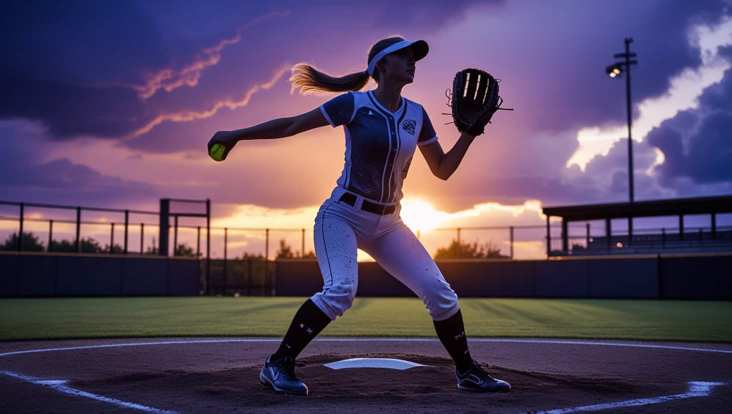 A determined female softball player stands in the pitcher's circle at dusk, creating a dramatic silhouette against a purple-orange sky. She's wearing a traditional softball uniform with pants and cleats, her hair pulled back in a tight ponytail beneath her visor. Her stance is powerful – feet shoulder-width apart, pitching arm cocked back in the windmill position, eyes intensely focused on an unseen catcher's mitt. Sweat glistens on her face, catching the last rays of sunlight. The dirt circle around her shows clear drag marks from previous pitches, suggesting a long practice session. The pitcher's expression combines exhaustion and unwavering determination – slightly squinted eyes, set jaw, and controlled breathing visible in the cool evening air. Her jersey is slightly dirty from practice, adding to the sense of perseverance. In the background, the softball diamond is partially visible with empty dugouts and shadowed bleachers. Dark storm clouds gather in the distance behind home plate, but the pitcher remains unfazed, embodying mental toughness as she prepares to deliver another pitch. A single beam of sunlight breaks through the clouds, highlighting her pitching form. Softball Mental Toughness