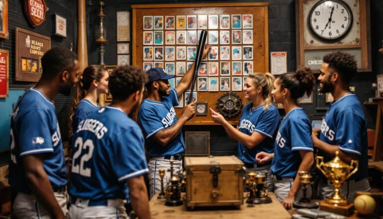 A coed baseball and softball team in matching blue tone jerseys working together to solve puzzles in a baseball-themed escape room. The room features vintage baseball memorabilia, scoreboard-style clues, and softball equipment integrated into the puzzles. Six diverse team members with different skin tones are engaged in different activities - two players examining a wall of baseball cards for hidden patterns, one athlete using a softball bat as a tool to reach a high clue, two teammates collaboratively turning interlocking gears decorated with softball symbols, and their coach examining a mysterious lockbox with team trophies nearby. The lighting combines atmospheric blue and purple escape room lighting with warmer spotlight effects highlighting the puzzles. Players are wearing their baseball and softball jerseys with visible team name and numbers, but in a casual indoor setting. Their expressions show concentration, excitement, and teamwork as they communicate across the room. The composition shows the entire room from a three-quarter angle, capturing both the baseball/softball theming and the collaborative problem-solving. The image is photorealistic, ultra realistic faces, high resolution, with dramatic lighting creating an immersive escape room atmosphere while highlighting the team's connection and communication. --ar 16:9 softball team building activities.