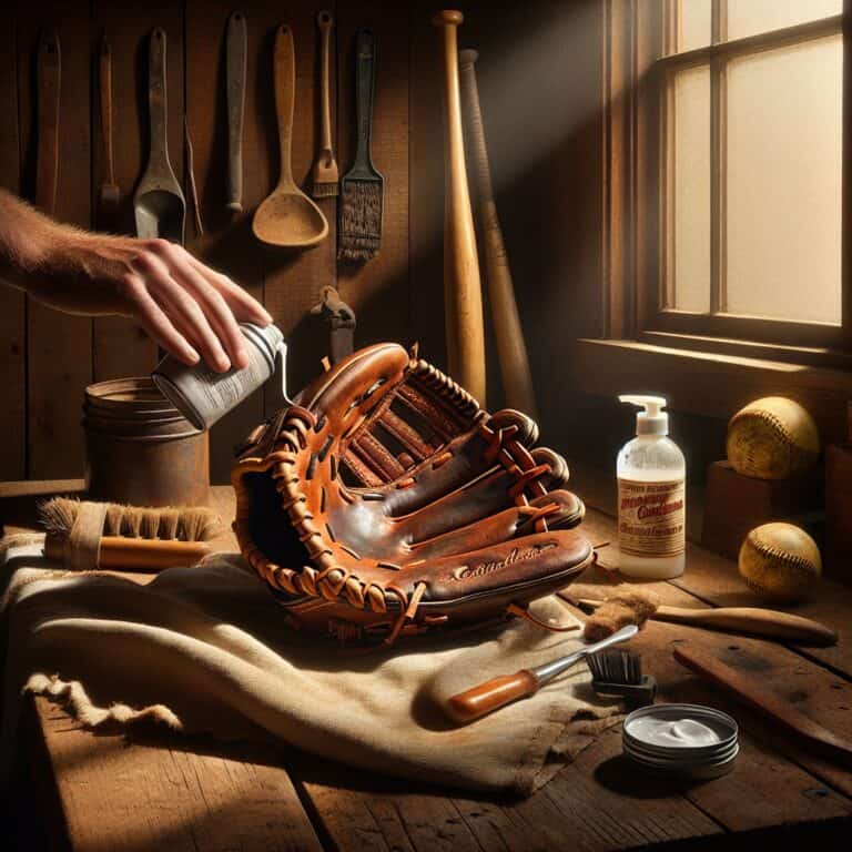 Title: "The Art of Conditioning a Slow Pitch Softball Glove" Prompt: Create an image depicting the meticulous process of conditioning a slow pitch softball glove. The scene is set on a wooden workbench in a cozy, sunlight-filled garage or workshop. A variety of tools and materials are spread out, including a bottle of leather conditioner, a clean, soft cloth, and a small brush. The glove, an aged yet well-loved piece of equipment, lies at the center of the workspace, showing signs of consistent use with its softened leather and slightly frayed edges. Nearby, an open jar of conditioning cream sits with its lid carefully placed to the side, while a hand gently works the cream into the glove's leather, emphasizing intricate details like the sturdy stitches and lacing. Sunlight pours in through a nearby window, casting warm, inviting shadows that highlight the rich, brown hues and textures of the leather. In the background, a vintage softball and a wooden bat leaning against the wall suggest a history of dedication and sportsmanship. A sense of nostalgia and care is captured in the composition, illustrating the dedication and ritual behind maintaining this essential piece of sporting gear.slow pitch softball glove conditioning