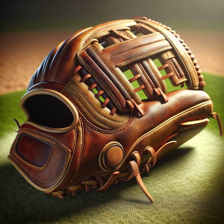 Create an image of a slow pitch softball glove designed to showcase the intricate padding structure. The glove is laid flat with the inner palm side facing up. Highlight the layers of padding with varying shades of color to demonstrate their thickness and density. The outer shell of the glove should be a rich, well-worn leather, with visible stitching patterns adding to its authenticity. Include soft lighting from above that casts gentle shadows, emphasizing the contours of the padding within the glove. The background should be a soft-focus grass field, subtly indicating the sporting environment. Make sure the overall tone of the image is warm and inviting, suggesting comfort and protection offered by the glove's design.slow pitch softball glove padding