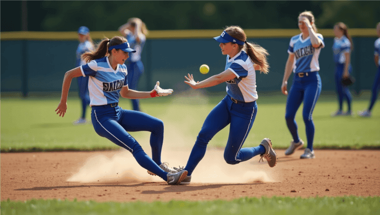 Two female softball players in mid-collision on a sunlit softball field, both wearing matching blue and white uniforms with different jersey numbers visible. They're frozen at the moment of impact - one player diving forward with glove outstretched, the other running laterally with arms raised defensively. Their faces show surprise and concern rather than pain, with caps flying off from the impact. Between them, the yellow softball lies on the bright green grass of shallow outfield, clearly visible against the contrasting color. The players' cleats kick up small divots of grass and dirt. Shadows cast naturally across the field suggest late afternoon lighting. In the background, other teammates are visible with hands on heads or reaching out in reaction to the collision. The scene captures that split-second moment of miscommunication in softball where neither player called for the ball. Photorealistic style with natural lighting, sharp details on the players' expressions and uniforms, with slight motion blur on limbs to convey movement. The composition balances the drama of the collision with the irony of the ultra realistic softball resting peacefully nearby. Make sure the faces of the players are ultra realistic. Slow pitch softball mistakes.