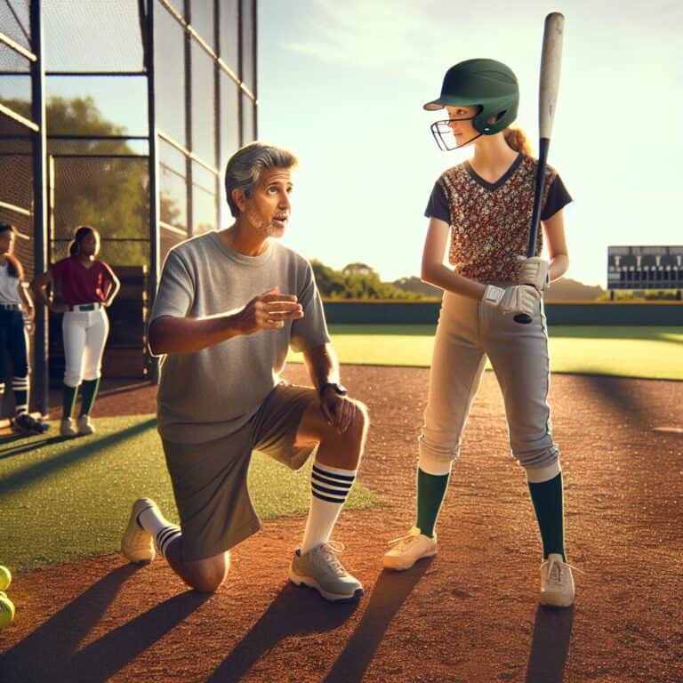 Create an image that features a seasoned softball coach providing batting stance tips to a young player. The setting is a sunlit softball field, with lush green grass and a well-maintained diamond. The coach, who looks experienced with a friendly demeanor, is demonstrating the correct batting stance. The young player, in her early teens, is attentively mimicking the coach's posture. Her stance reflects the key tips: feet shoulder-width apart, knees slightly bent, weight balanced, and bat held confidently. The image captures the essence of mentorship, with the coach pointing out specific details about foot positioning and grip. The sun casts a warm glow, adding to the atmosphere of focused learning and athletic spirit. Include subtle details like a few teammates practicing in the background, softball gear lying on the sidelines, and a scoreboard in the distance, suggesting an upcoming game. softball batting stance tips