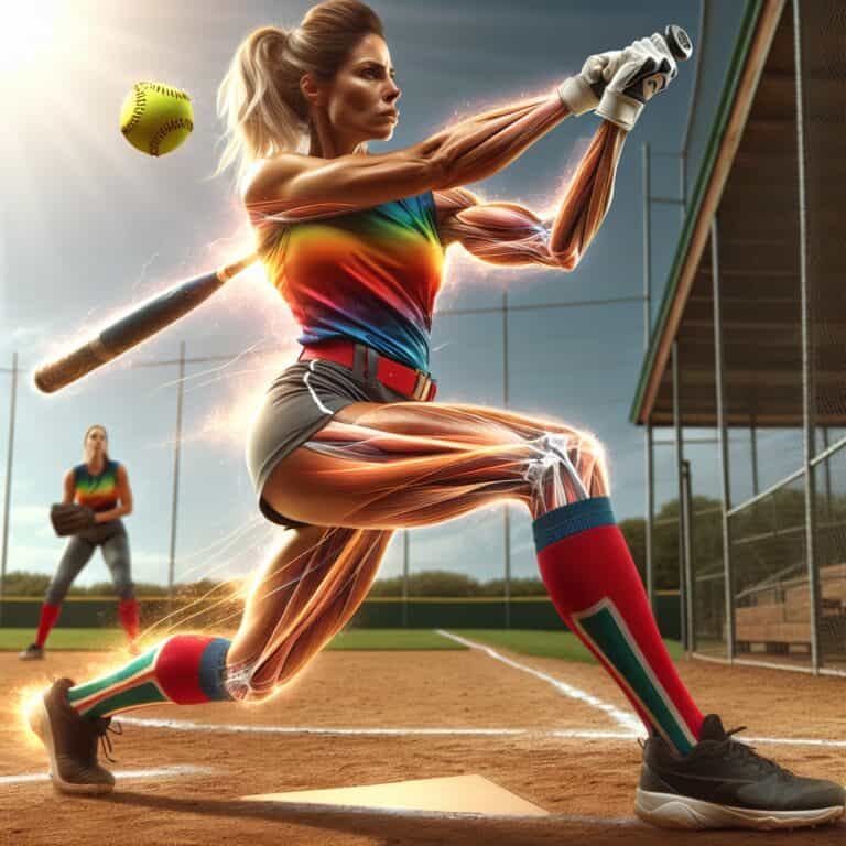 Create an image depicting a female softball player in a dynamic pose, demonstrating her core strength. She is mid-swing, with her muscles visibly engaged, highlighting the power and stability provided by her core. The setting is a sunny softball field, with teammates practicing in the background. Incorporate visual cues of strength and focus, such as a trail of motion lines around the bat and ball to emphasize the force of the swing. The player's expression is one of determination, and she's clad in a colorful uniform emblazoned with her team logo. The scene conveys both the grace and the athleticism required in softball.softball core strength