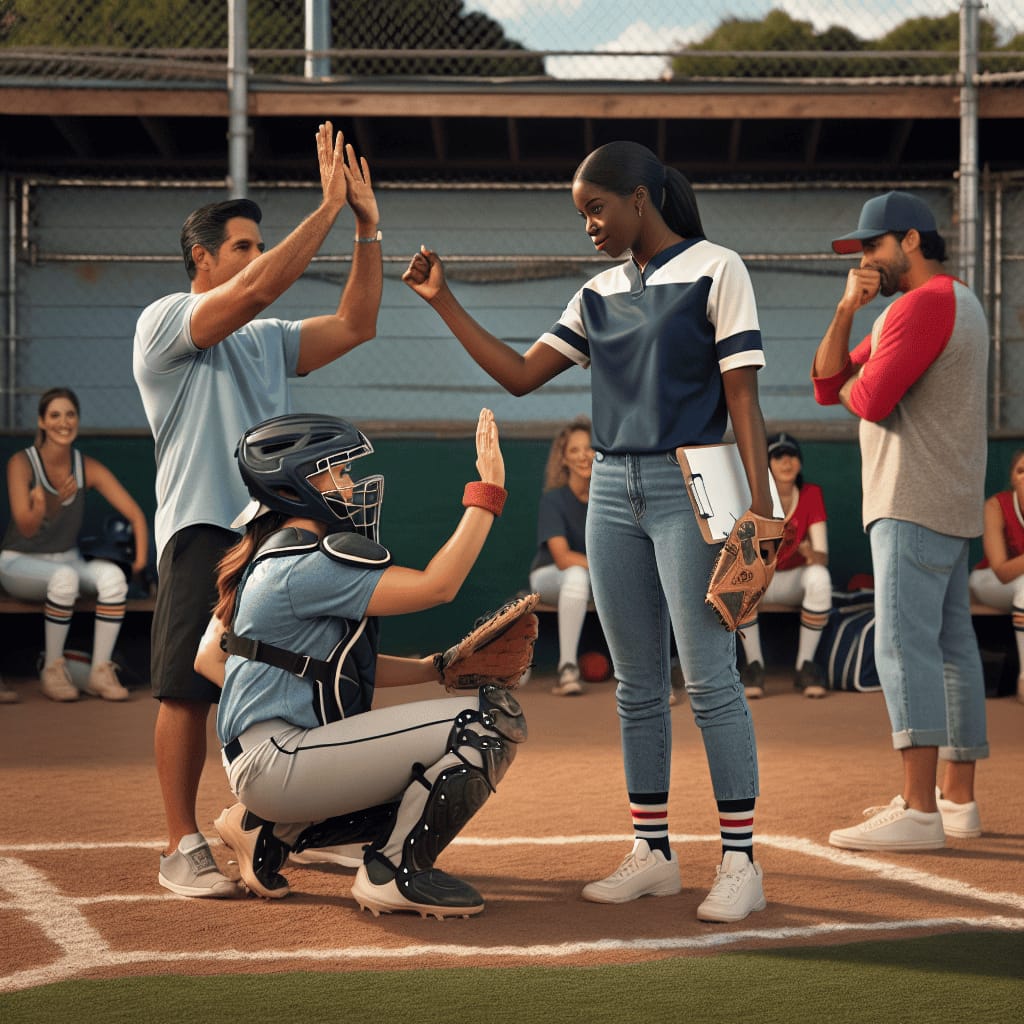 Title: "Softball Field Communication" Description: Imagine a vibrant scene on a sunny afternoon at a local softball field. The image captures a diverse group of players engaged in dynamic interaction. In the foreground, two players—a pitcher and a catcher—communicate through subtle hand signals, their eyes locked in a silent understanding. The catcher is crouched behind home plate, partially obscured by their protective gear, while the pitcher stands determinedly on the mound. In the middle ground, an animated coach gestures enthusiastically to a group of players gathered near the dugout, using a clipboard to convey strategies. Nearby, teammates exchange excited high-fives, illustrating the camaraderie that defines team sports. The background shows the outfield, where players are positioned and communicate through hand gestures and shouts, orchestrating their movements to ensure seamless coordination. The stands are filled with spectators, a mix of family and friends, who are engaged in their own form of communication—cheers and claps painting the air with support. Overall, the scene is filled with energy and movement, emphasizing the importance of verbal and non-verbal communication in achieving team success on the softball field. Include elements such as sunlight casting long shadows, distant trees waving gently in the breeze, and the traditional diamond layout with bases, all adding to the setting's immersive atmosphere.softball field communication