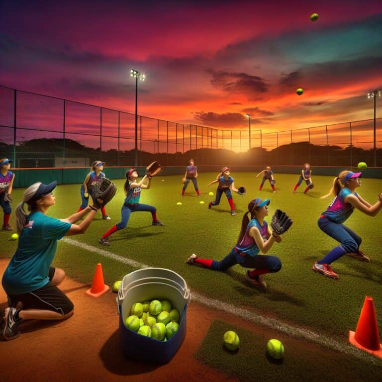 Title: "Softball Fielding Drills Under a Sunset Sky" Image Description: Capture a dynamic scene of an outdoor softball training session focused on fielding drills. The setting is a well-maintained softball field with a rich, deep green infield contrasted by a sunset sky bursting with hues of orange, pink, and purple. In the foreground, a diverse group of young players, wearing vibrant team uniforms of blues and reds, showcase varying poses of fielding techniques. Some players are crouched down, gloves wide open, ready to catch a ground ball, while others are poised mid-action, throwing or catching a flying ball. Their expressions of determination and focus highlight their commitment to improving their skills. A coach stands beside a bucket of softballs, demonstrating proper technique to a small group of attentive players. Scattered around the field are training cones marking out specific drill areas and a batting net in the background for additional practice. The atmosphere is energetic and lively, capturing that golden moment just before twilight, with the field lights starting to turn on to extend the practice time. The overall image conveys the spirit of teamwork, discipline, and passion for the game of softball.softball fielding drills