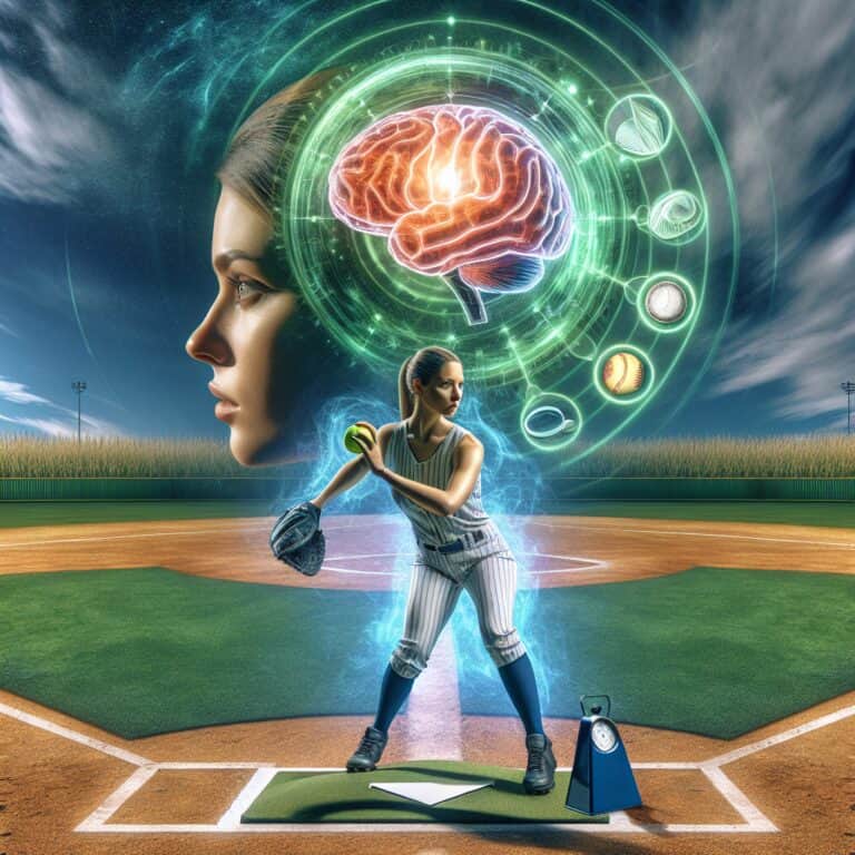 Create an illustration that captures the essence of "softball focus techniques". The scene should depict a softball player standing on the pitcher’s mound, preparing to pitch. The background is a vibrant, sunlit field with bases marked clearly on the lush green grass. The player's face shows intense concentration, with their eyes locked onto the target – the catcher’s mitt. In the peripheral space around the player, visualize mental elements of focus such as floating symbols representing concentration techniques: a metronome symbolizing rhythmic breathing, a magnifying glass indicating detailed visualization, and a brain surrounded by glowing lines, illustrating mental clarity and presence. Additionally, incorporate a slightly transparent overlay of a calming landscape scene above the player's head, symbolizing a mental sanctuary for focus. The image should balance real-world sporting action with abstract representations of mental strategies, all within a dynamic and energetic composition.softball focus techniques