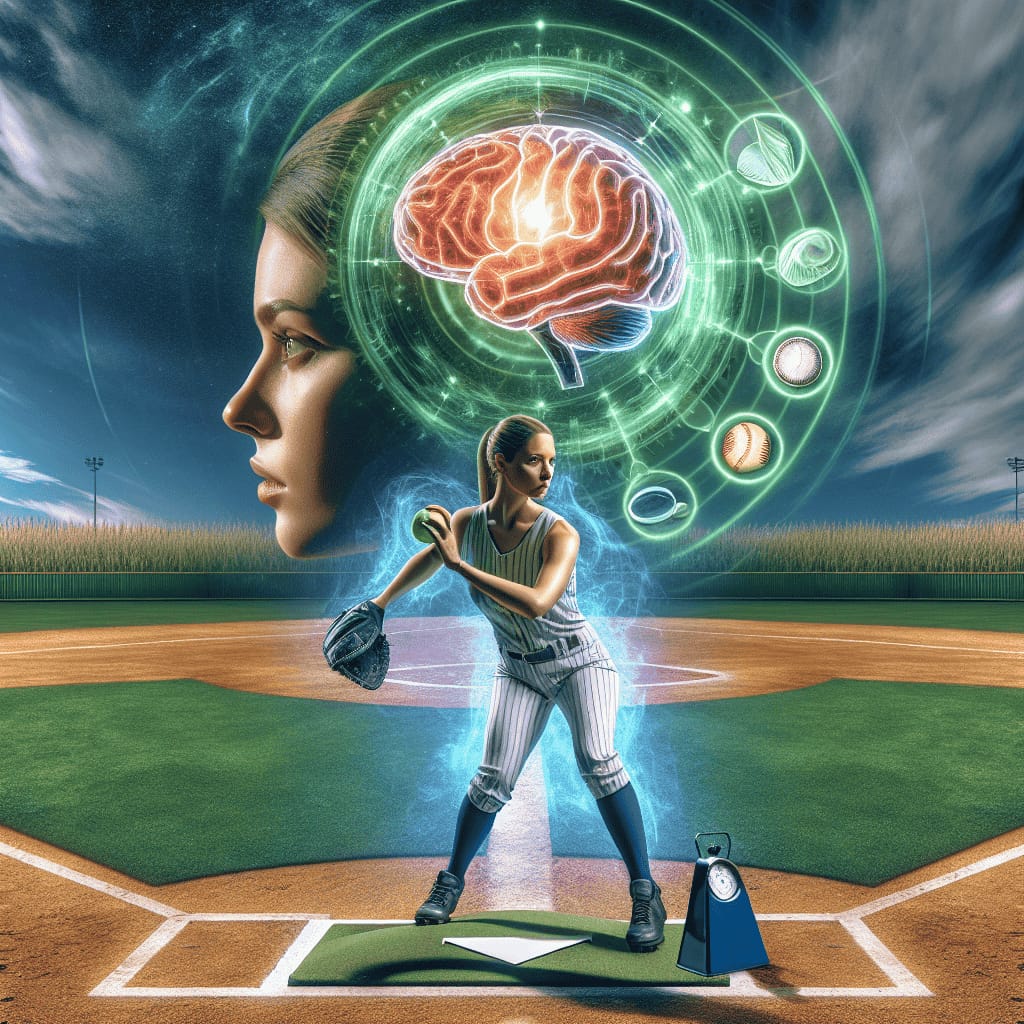 Create an illustration that captures the essence of "softball focus techniques". The scene should depict a softball player standing on the pitcher’s mound, preparing to pitch. The background is a vibrant, sunlit field with bases marked clearly on the lush green grass. The player's face shows intense concentration, with their eyes locked onto the target – the catcher’s mitt. In the peripheral space around the player, visualize mental elements of focus such as floating symbols representing concentration techniques: a metronome symbolizing rhythmic breathing, a magnifying glass indicating detailed visualization, and a brain surrounded by glowing lines, illustrating mental clarity and presence. Additionally, incorporate a slightly transparent overlay of a calming landscape scene above the player's head, symbolizing a mental sanctuary for focus. The image should balance real-world sporting action with abstract representations of mental strategies, all within a dynamic and energetic composition.softball focus techniques