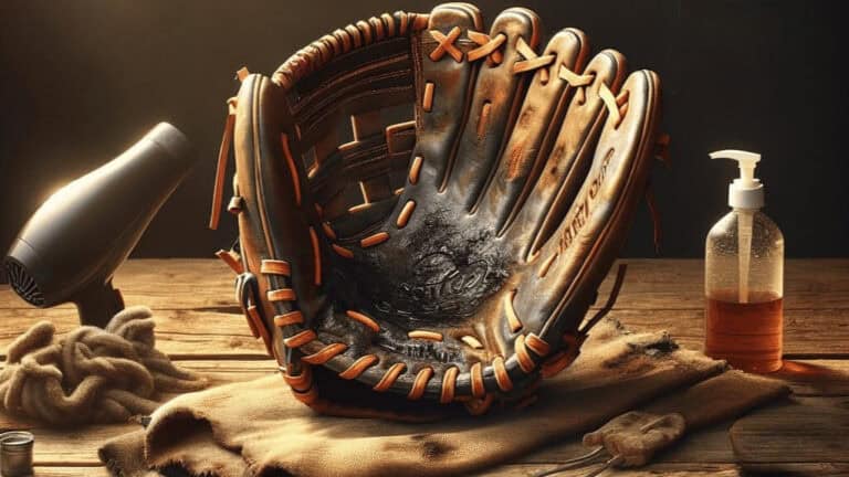 Showcases a well-used softball glove illustrating common maintenance mistakes that players might make. The scene is set on a rustic wooden table, with the glove prominently placed in the center. Surround it with various maintenance items like oils, conditioners, and a blow dryer. Softball glove maintenance mistakes.