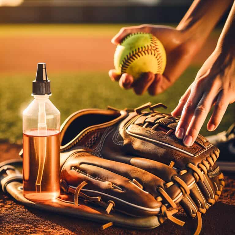Create an image that depicts a well-used softball glove alongside a bottle of glove oil, set against a background of a baseball field in the late afternoon. The golden sunlight casts warm hues, highlighting the texture and detail of the glove's leather. The scene captures a moment where a pair of hands are gently applying oil to the glove, showcasing the maintenance routine of a dedicated player. In the background, a softball is partially visible, hinting at the next game. The image should evoke a sense of care, tradition, and preparedness, emphasizing the importance of regular glove maintenance.softball glove oiling frequency