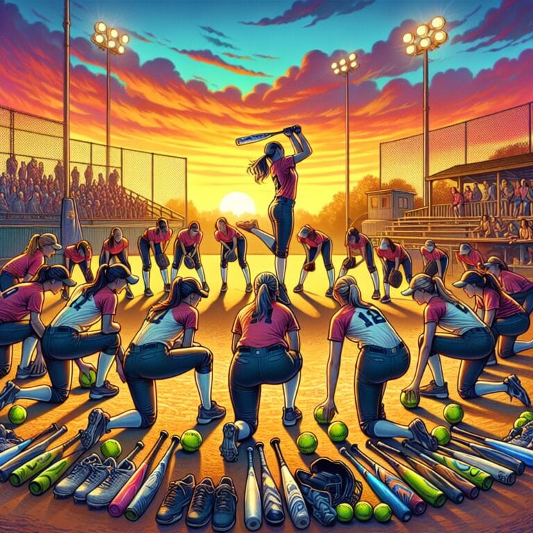 Title: "Softball Pre-Game Ritual" Description: Create a dynamic and vivid illustration capturing the essence of a softball team's pre-game routine. The scene is set just before a big game, with a vibrant sunset casting a warm, golden glow over the field. In the foreground, players are engaged in various activities integral to their preparation. One group of players are stretching, their flexible forms silhouetted against the evening sky. In another part of the field, a player tosses a ball into a glove with intense focus, her expression determined. Towards the dugout, teammates are engaged in a lively huddle, their faces animated with camaraderie and shared strategy. Include small details that suggest a sense of ritual: a lineup of bats glistening with fresh tape, a ground-hugging circle of cleats worn from practice, and perhaps a beloved team mascot offering a pre-game pep talk. Background elements like quaint bleachers, colorful banners, and an attentive crowd gathering to witness the game should add to the atmosphere, making the scene come alive with excitement and anticipation. Style: Realistic with vibrant colors, emphasizing the emotions and energy of preparation.softball pre-game routine