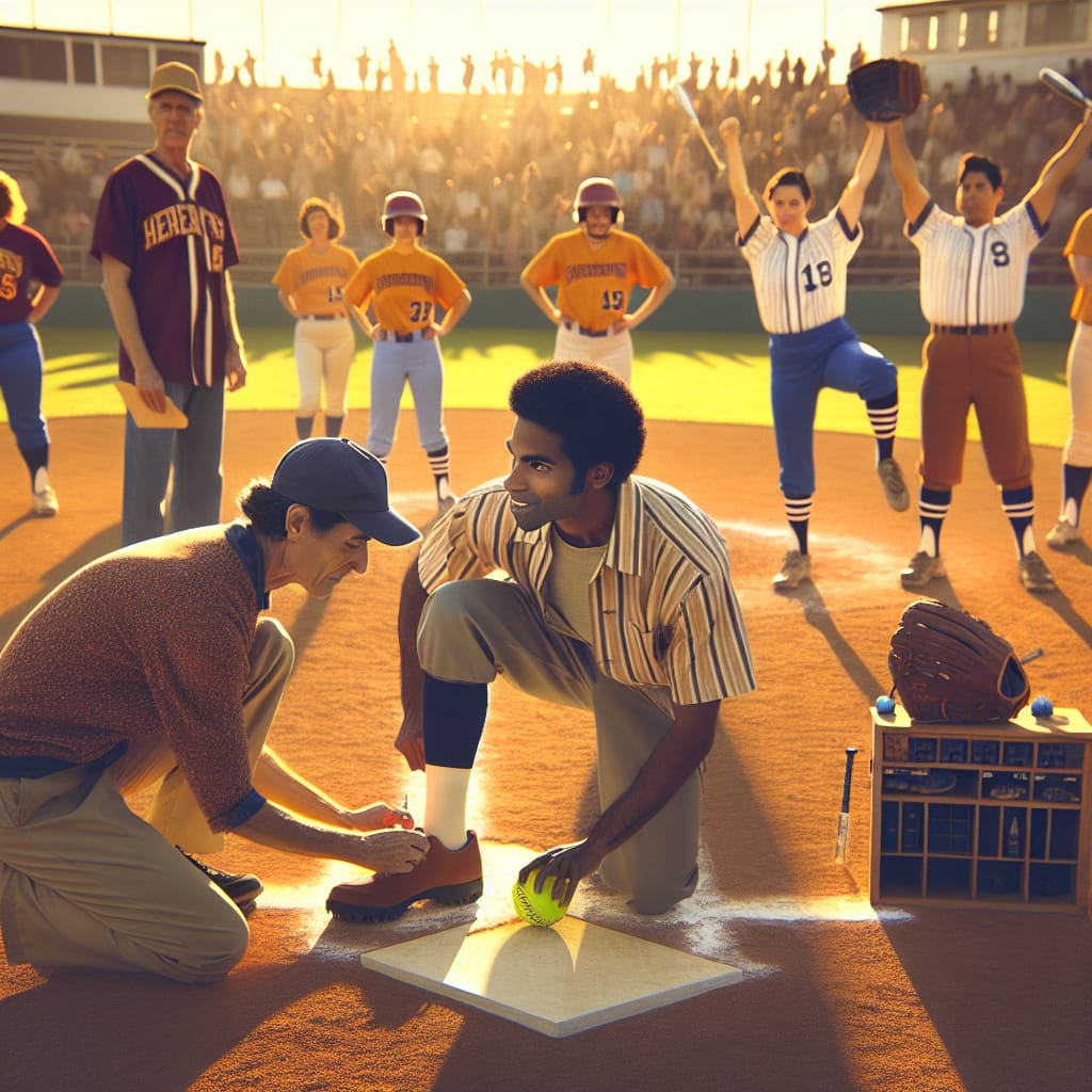 Title: "Softball Pre-Game Ritual" Description: Create a dynamic and vivid illustration capturing the essence of a softball team's pre-game routine. The scene is set just before a big game, with a vibrant sunset casting a warm, golden glow over the field. In the foreground, players are engaged in various activities integral to their preparation. One group of players are stretching, their flexible forms silhouetted against the evening sky. In another part of the field, a player tosses a ball into a glove with intense focus, her expression determined. Towards the dugout, teammates are engaged in a lively huddle, their faces animated with camaraderie and shared strategy. Include small details that suggest a sense of ritual: a lineup of bats glistening with fresh tape, a ground-hugging circle of cleats worn from practice, and perhaps a beloved team mascot offering a pre-game pep talk. Background elements like quaint bleachers, colorful banners, and an attentive crowd gathering to witness the game should add to the atmosphere, making the scene come alive with excitement and anticipation. Style: Realistic with vibrant colors, emphasizing the emotions and energy of preparation.softball pre-game routine
