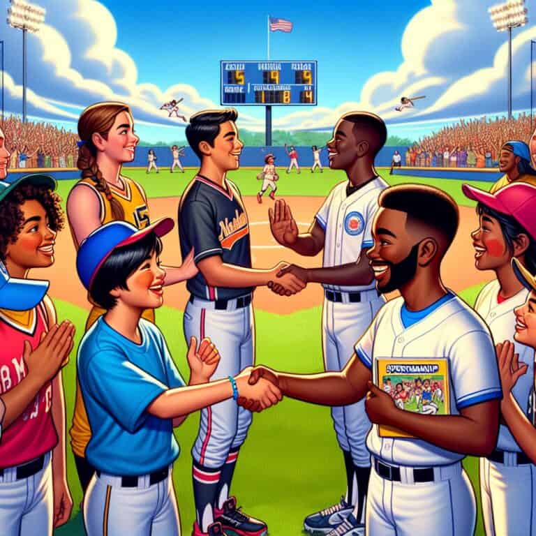 Create an image centered around the theme of softball sportsmanship tips. The scene is set on a sunny afternoon at a vibrant softball field. In the foreground, a diverse group of young players from different teams are gathered in a friendly huddle, all wearing their respective colorful team uniforms, showcasing a spirit of camaraderie. They are exchanging high-fives and smiling, with one player handing over a small, illustrated booklet titled "Sportsmanship Tips." In the background, a coach is playfully demonstrating a sportsmanship handshake with another player. The outfield is dotted with cheering supporters, and a scoreboard indicates a close game, emphasizing the importance of sportsmanship over competition. The sky is a brilliant blue, dotted with fluffy white clouds, adding to the positive and uplifting atmosphere. The image should convey themes of learning, friendship, and respect in sports.softball sportsmanship tips