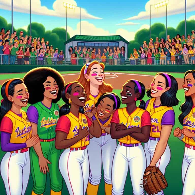 Image prompt: Create an illustration that captures the essence of softball team chemistry. The scene is set on a sunlit afternoon at a vibrant, green baseball diamond. In the foreground, a diverse group of female softball players, wearing matching uniforms with bright colors and unique team logos, stand in a huddle. They share laughter and supportive gestures, displaying genuine camaraderie and enthusiasm. One player is giving a pep talk, while others nod and smile, their gloves resting on their hips or shoulders. In the background, a picturesque sky is painted with soft clouds, and a cheerful crowd in the stands applauds, capturing the spirit of unity and teamwork. The overall mood is energetic and uplifting, emphasizing the bond and mutual encouragement among the teammates.softball team chemistry