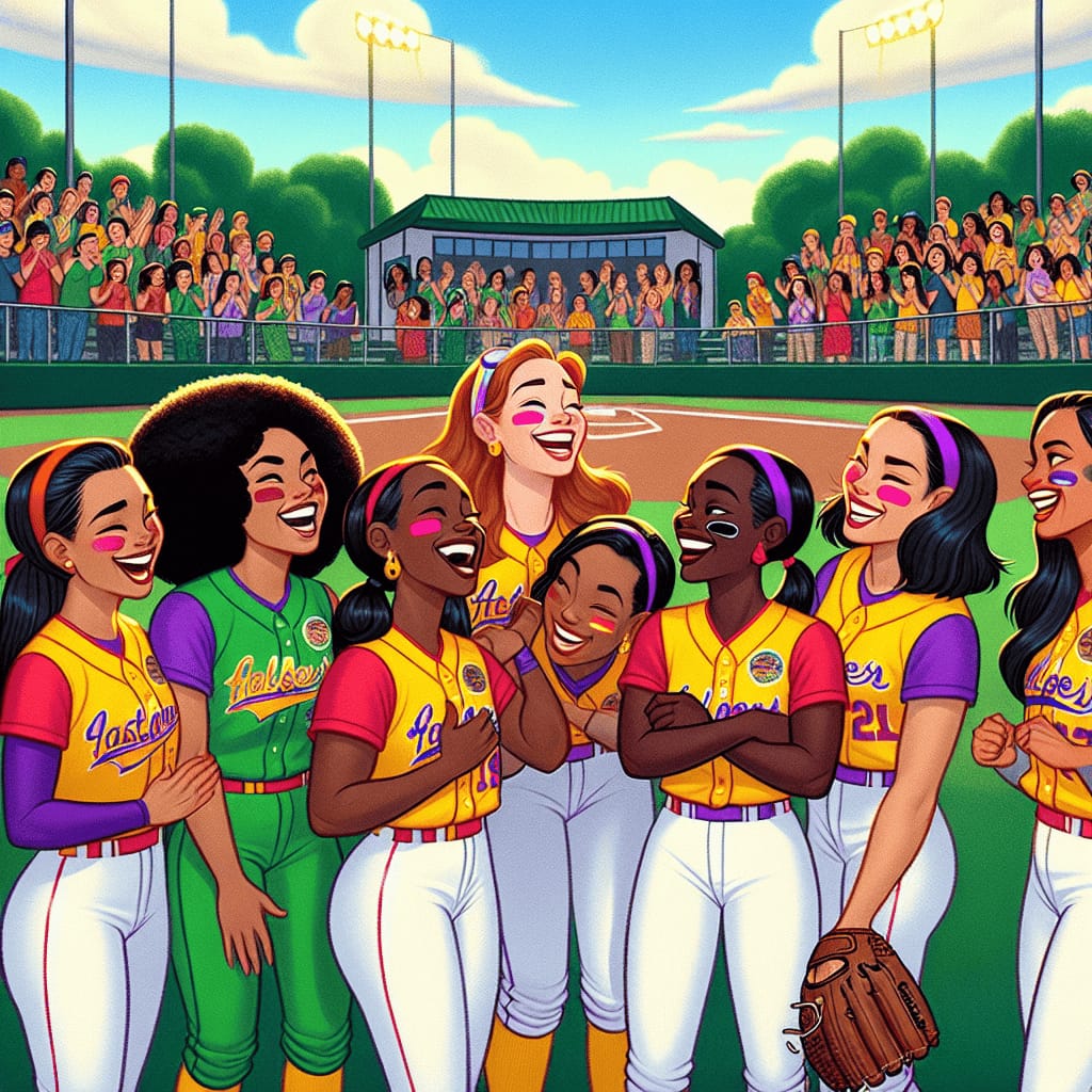 Image prompt: Create an illustration that captures the essence of softball team chemistry. The scene is set on a sunlit afternoon at a vibrant, green baseball diamond. In the foreground, a diverse group of female softball players, wearing matching uniforms with bright colors and unique team logos, stand in a huddle. They share laughter and supportive gestures, displaying genuine camaraderie and enthusiasm. One player is giving a pep talk, while others nod and smile, their gloves resting on their hips or shoulders. In the background, a picturesque sky is painted with soft clouds, and a cheerful crowd in the stands applauds, capturing the spirit of unity and teamwork. The overall mood is energetic and uplifting, emphasizing the bond and mutual encouragement among the teammates.softball team chemistry