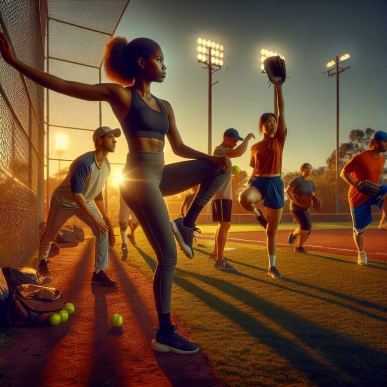 Title: "Sunset Softball Warm-up Routine" Description: Create an image capturing a vibrant scene at a baseball field during a warm, golden sunset. The focus is on a group of diverse softball players, both male and female, energetically engaged in their warm-up routine. In the foreground, a young player is stretching, one leg balanced on the fence, with determination and concentration evident in her expression. Nearby, teammates are practicing various drills: one is tossing a softball to another who is positioned to catch it; a duo is engaged in dynamic stretches; and a larger group is running laps around the field, creating a sense of movement and liveliness. The field is surrounded by lush, green trees casting long shadows, while the setting sun adds a warm glow to the scene. Small details, like stray baseball gloves and water bottles scattered around, enhance the authenticity of the environment. The atmosphere is one of camaraderie, focus, and preparation, as the team gets ready for an anticipated game. The colors are warm and rich, highlighting the dedication and unity within this sports community.softball warm-up routine