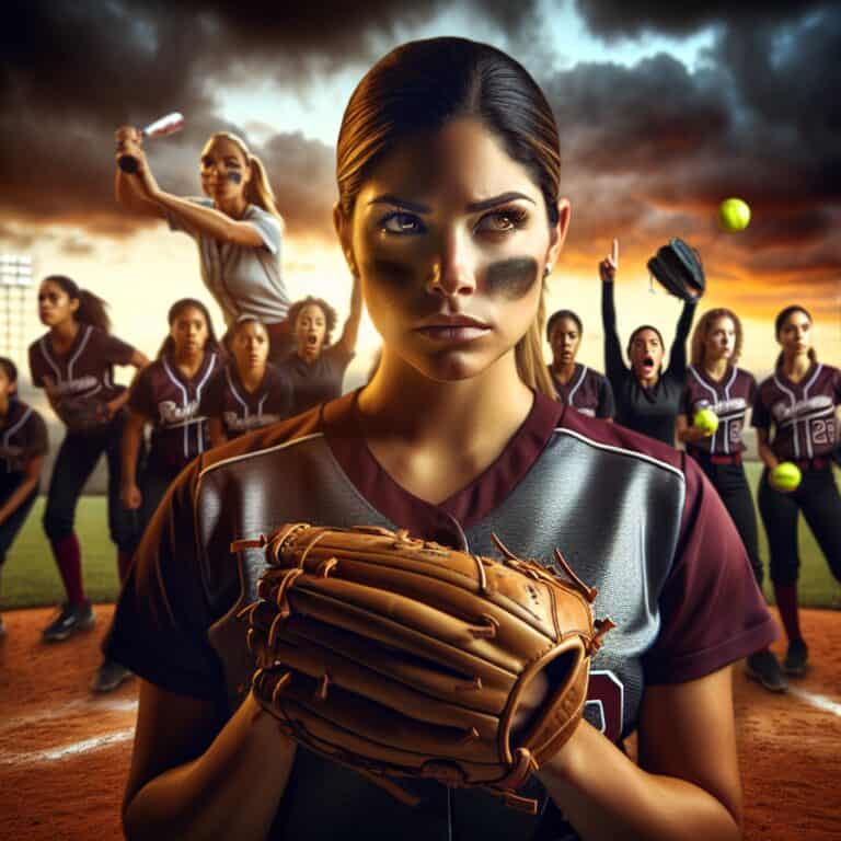 Title: "Softball Winning Mindset: The Moment of Victory" Description: Create an image that captures the essence of a "winning mindset" in softball. The scene takes place during the climactic moment of a championship game. In the foreground, a determined pitcher stands on the mound, her gaze fixed with unwavering focus on the catcher. Her uniform shows signs of a hard-fought game, with dirt stains and sweat evident. In the background, her teammates are on their toes, alert and ready, embodying a sense of unity and shared determination. The expressions on their faces are a mix of anticipation and confidence, reflecting their trust in each other and their readiness to seize this moment. The sky is painted with the warm hues of a setting sun, casting a golden light over the field and creating a dramatic, almost cinematic atmosphere. You can see the excited crowd in the stands, a blur of colors and movement, capturing the energy and tension of this pivotal point in the game. Incorporate subtle visual elements that symbolize mental preparation and resilience, such as a focus on the player's eyes or a hand gesture that signifies calmness under pressure. The overall tone of the image should be inspiring, celebrating the mental strength and teamwork that defines a champion's mindset.softball winning mindset