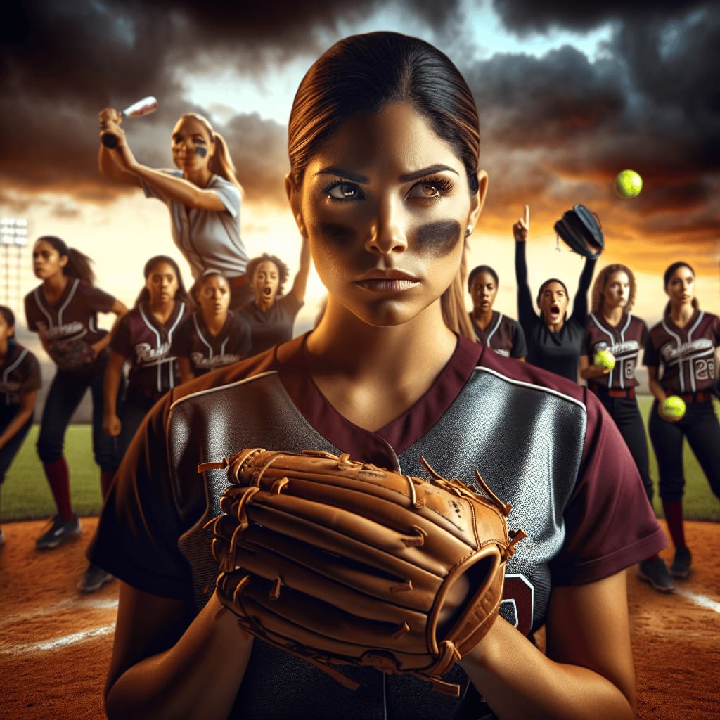 Title: "Softball Winning Mindset: The Moment of Victory" Description: Create an image that captures the essence of a "winning mindset" in softball. The scene takes place during the climactic moment of a championship game. In the foreground, a determined pitcher stands on the mound, her gaze fixed with unwavering focus on the catcher. Her uniform shows signs of a hard-fought game, with dirt stains and sweat evident. In the background, her teammates are on their toes, alert and ready, embodying a sense of unity and shared determination. The expressions on their faces are a mix of anticipation and confidence, reflecting their trust in each other and their readiness to seize this moment. The sky is painted with the warm hues of a setting sun, casting a golden light over the field and creating a dramatic, almost cinematic atmosphere. You can see the excited crowd in the stands, a blur of colors and movement, capturing the energy and tension of this pivotal point in the game. Incorporate subtle visual elements that symbolize mental preparation and resilience, such as a focus on the player's eyes or a hand gesture that signifies calmness under pressure. The overall tone of the image should be inspiring, celebrating the mental strength and teamwork that defines a champion's mindset.softball winning mindset