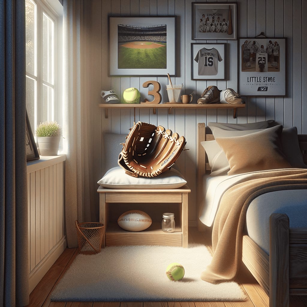 Imagine a warm and inviting corner of a bedroom dedicated to storing a cherished softball glove. The setting is serene and organized, with soft natural light streaming through a nearby window. A small wooden shelf features prominently, with the softball glove taking center stage on it, carefully placed to show its well-worn leather, rich in browns and tans, reflecting years of play. Nearby, a few memorabilia items like a softball and a team photo lend a sense of nostalgia and sentiment. The walls have a soothing light color, decorated with subtle motivational posters related to sports. A cozy rug lines the hardwood floor, completing the peaceful ambiance of this personal sporting shrine. The room feels like an oasis of calm and respect for the sport, where the glove is both a treasured tool and a badge of memories. Storing softball gloves