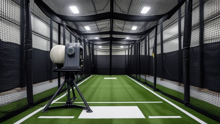 A well-lit indoor batting cage with black netting enclosing a long rectangular space. At one end sits a professional pitching machine on a sturdy tripod stand, its mechanical arm poised to launch softballs. The machine has a large hopper on top. The floor is artificial green turf with a white home plate positioned at the opposite end from the machine. The batter's box is marked with white chalk lines. The cage has high ceilings with overhead lights casting even illumination throughout the space. The netting is taut and extends from floor to ceiling, creating a complete enclosure. The scene is empty of people, capturing the batting cage ready for practice, with the mechanical pitching machine as the focal point. Softball Batting Cage Etiquette