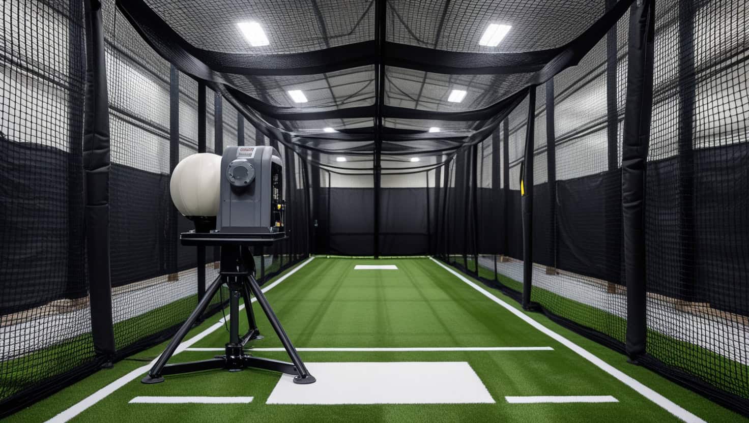 A well-lit indoor batting cage with black netting enclosing a long rectangular space. At one end sits a professional pitching machine on a sturdy tripod stand, its mechanical arm poised to launch softballs. The machine has a large hopper on top. The floor is artificial green turf with a white home plate positioned at the opposite end from the machine. The batter's box is marked with white chalk lines. The cage has high ceilings with overhead lights casting even illumination throughout the space. The netting is taut and extends from floor to ceiling, creating a complete enclosure. The scene is empty of people, capturing the batting cage ready for practice, with the mechanical pitching machine as the focal point. Softball Batting Cage Etiquette