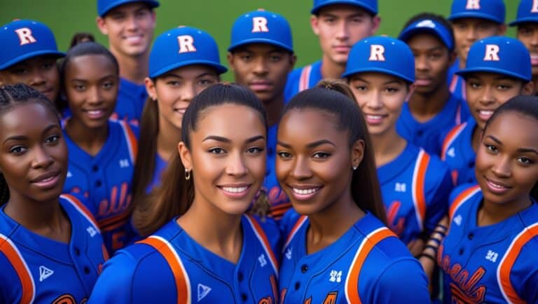 A vibrant and energetic professional photo capturing the essence of a baseball and softball team culture, featuring a cohesive group of athletes male and female with diverse skin tones and hairstyles, gathered together in a stadium or outdoor setting, with a mix of serious and playful facial expressions, showcasing their bond and camaraderie. The team is dressed in matching uniforms with bold, bright blue color shades and sleek designs, with some players holding gear such as bats, gloves, and balls. The photo is taken from a slightly low angle, emphasizing the strength and unity of the team. The background is blurred, with subtle hints of green grass or blue sky, drawing attention to the athletes. The lighting is warm and natural, with a shallow depth of field, highlighting the subjects' facial features and textures of their uniforms. The overall aesthetic is modern, dynamic, and uplifting, conveying a sense of teamwork, passion, and joy. Softball Team Culture.
