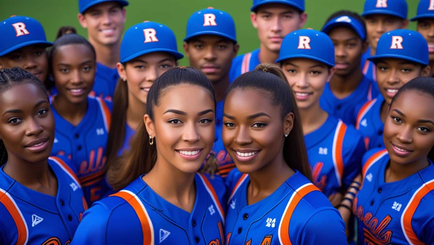A vibrant and energetic professional photo capturing the essence of a baseball and softball team culture, featuring a cohesive group of athletes male and female with diverse skin tones and hairstyles, gathered together in a stadium or outdoor setting, with a mix of serious and playful facial expressions, showcasing their bond and camaraderie. The team is dressed in matching uniforms with bold, bright blue color shades and sleek designs, with some players holding gear such as bats, gloves, and balls. The photo is taken from a slightly low angle, emphasizing the strength and unity of the team. The background is blurred, with subtle hints of green grass or blue sky, drawing attention to the athletes. The lighting is warm and natural, with a shallow depth of field, highlighting the subjects' facial features and textures of their uniforms. The overall aesthetic is modern, dynamic, and uplifting, conveying a sense of teamwork, passion, and joy. Softball Team Culture.