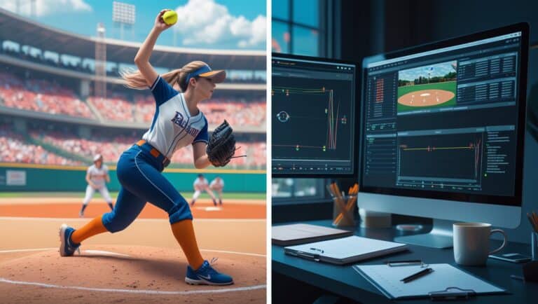 a split-screen illustration to convey the concept of softball video analysis. On the left side, depict a dynamic, action-packed scene of a softball game in progress. Capture a pitcher winding up for a fastball under a vibrant stadium with cheering fans, their motions fluid and energetic. On the right side, portray a calm, static, analytical setting. Show a digital workstation with a high-resolution monitor displaying paused frames and data graphs of player movements. Include elements like motion-tracking lines and digital annotations overlaid on the video footage. Populate the desk with study notes, a half-full mug of coffee, and a clipboard. Both sides of the image should maintain a slightly futuristic aesthetic, emphasizing the integration of technology and sports. The contrasting sides will highlight the intersection of athletic performance and analytical scrutiny in softball video. Softball Video Analysis.