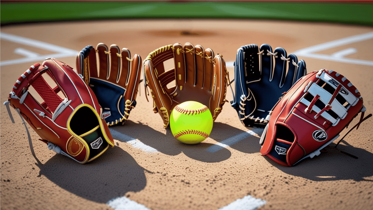 A professional product photography composition featuring five premium softball gloves arranged in a visually appealing semi-circle on a pristine softball infield dirt. Each glove should be slightly open with distinct fictional brand logos clearly visible. The gloves should display various styles including infield, outfield, and first base mitts, each with different leather colors, webbing patterns, and padding styles. Position a hyper realistic bright yellow softball with red stitches in front of the center glove for context and scale. The lighting should be bright natural daylight creating subtle shadows and highlighting the quality leather textures, stitching details, and brand emblems. The background should show a slightly blurred softball field with base paths visible but not distracting. Create depth of field focusing on the gloves while softly blurring the background. The composition should convey a professional comparison feel with photorealistic detail showing the grain of the leather, the pattern of the stitching, and the texture of the webbing. Each glove should appear high-quality with sleeves for 4 fingers and 1 thumb and well-maintained with natural leather sheen. Softball glove brand comparison.