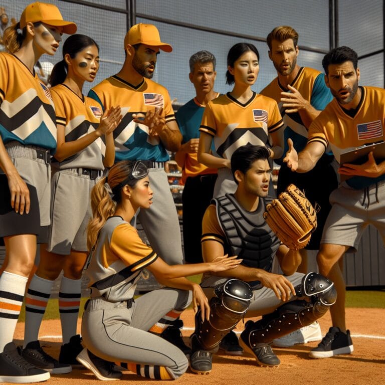 Title: Capturing the Essence of Softball Team Communication Description: Illustrate a dynamic scene on a sunlit softball field where a diverse group of players showcase effective team communication. The infielders are gathered in a brief yet intense huddle, with focused expressions and hands gesturing purposefully, indicating a robust exchange of strategic ideas. The catcher, in full gear, is kneeling beside the pitcher, whispering a game plan while pointing towards the batter. In the outfield, players are seen relaying hand signals, indicating readiness and boost in morale. The coach stands on the sidelines, holding a clipboard and watching intently with a supportive smile. The vibrant uniforms of the team, adorned with a unique logo, evoke a sense of unity and teamwork. In the background, a hint of spectators in the bleachers adds to the lively atmosphere, with some clapping and pointing towards the players. Ensure the image radiates warmth through the golden sunlight, capturing the camaraderie and enthusiasm that epitomizes softball team communication. Color Palette: Utilize warm tones, including dusk yellows, deep reds, and greens from the well-maintained grass, to create an inviting and energized environment. Elements to Emphasize: - Expressions of collaboration and focus - Variety in hand gestures and body language - Diversity among team members - Background details like cheering spectators and sports equipment Overall Vibe: A blend of competitive spirit, teamwork, and mutual understanding that is central to successful softball team communication.softball team communication