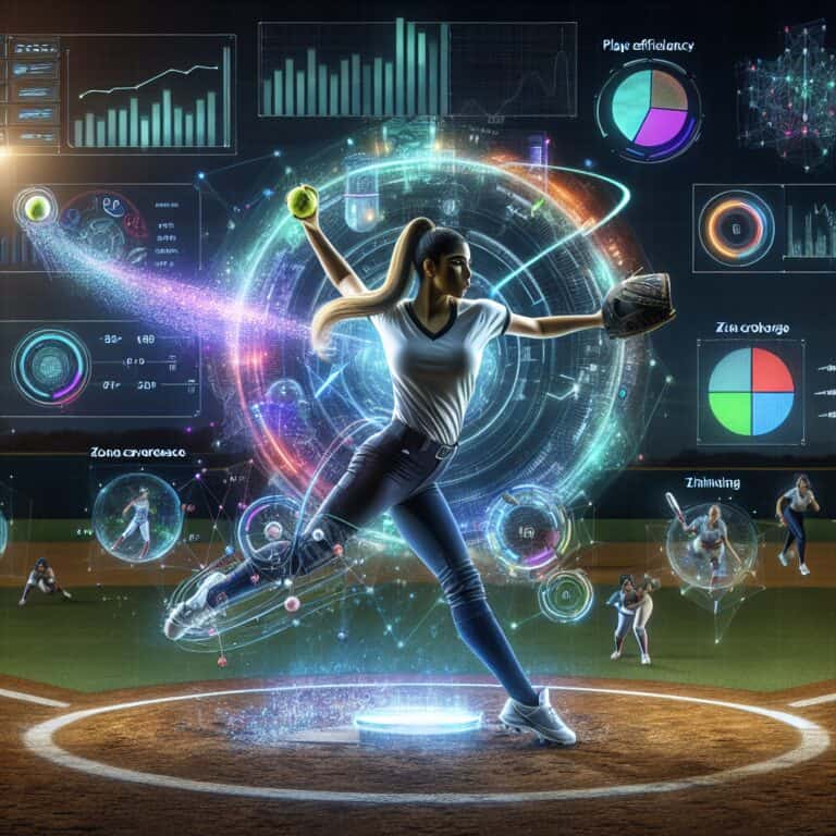 Title: "Dynamic Softball Visualization Techniques" Description: Create an image that encompasses cutting-edge visualization techniques used in the sport of softball. The scene should blend elements of data visualization with the dynamic action of a softball game. In the foreground, display a pitcher mid-throw with an overlay of animated data streams and graphs, showcasing real-time analytics like pitch speed, spin rate, and trajectory. In the background, a digital scoreboard displays advanced metrics such as player efficiency, zone coverage, and heat maps of the field. Surround the scene with floating holographic elements that symbolize data crunching and decision-making, like pie charts, line graphs, and abstract geometric shapes. The overall color scheme should be a mix of vibrant neon blues, greens, and purples, invoking a tech-savvy, futuristic feel, while maintaining a clear focus on the precision and athleticism of the sport. This visualization should capture the synergy between athletic skill and modern technology, illustrating how data drives performance insights in softball.softball visualization techniques