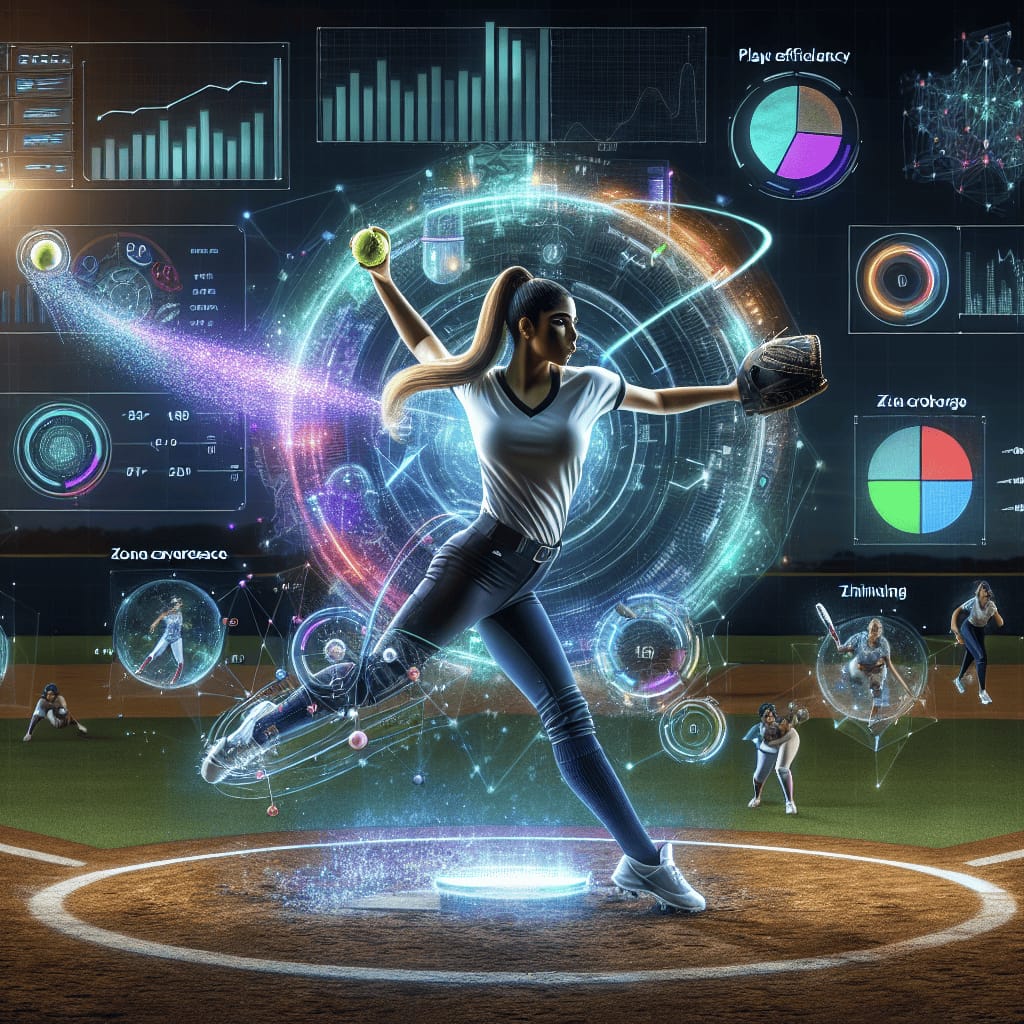 Title: "Dynamic Softball Visualization Techniques" Description: Create an image that encompasses cutting-edge visualization techniques used in the sport of softball. The scene should blend elements of data visualization with the dynamic action of a softball game. In the foreground, display a pitcher mid-throw with an overlay of animated data streams and graphs, showcasing real-time analytics like pitch speed, spin rate, and trajectory. In the background, a digital scoreboard displays advanced metrics such as player efficiency, zone coverage, and heat maps of the field. Surround the scene with floating holographic elements that symbolize data crunching and decision-making, like pie charts, line graphs, and abstract geometric shapes. The overall color scheme should be a mix of vibrant neon blues, greens, and purples, invoking a tech-savvy, futuristic feel, while maintaining a clear focus on the precision and athleticism of the sport. This visualization should capture the synergy between athletic skill and modern technology, illustrating how data drives performance insights in softball.softball visualization techniques