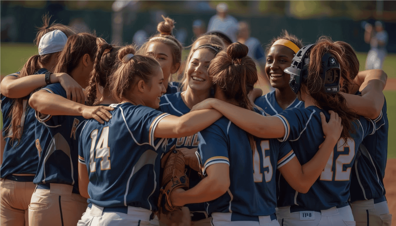 Realistic photo of a diverse group of softball players in a team huddle with arms around each other's shoulders, welcoming and inclusive atmosphere, mix of ages showing veteran and new players bonding together, softball uniforms and equipment visible, outdoor softball field background, warm natural lighting, genuine smiles and friendly expressions, team unity and camaraderie, professional sports photography style, 16:9 aspect ratio. Integrating new softball players.