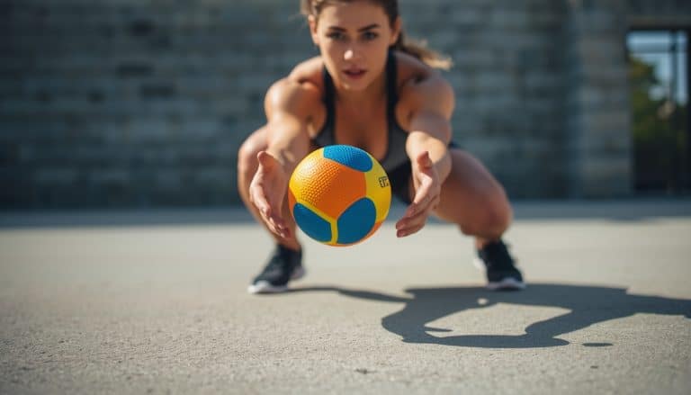 Realistic photo of an athletic person catching a bright colored multi-sided reaction ball outdoors, the irregular bouncing ball is mid-air between the ground and their hands, person in athletic wear crouched in ready position with hands extended, focused expression tracking the ball's movement, concrete or asphalt surface visible, natural daylight, sharp focus on both person and ball, dynamic sports training photography, candid action shot. Softball Hand-eye Coordination.